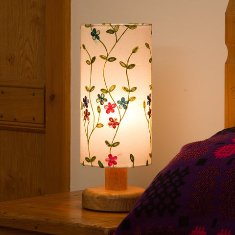 Table Lamp - Round Sepele Base - Embroidered Flowers on White base