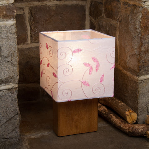 Table Lamp - Square Sepele Base - Embroidered paper with Pale pink leaves on White