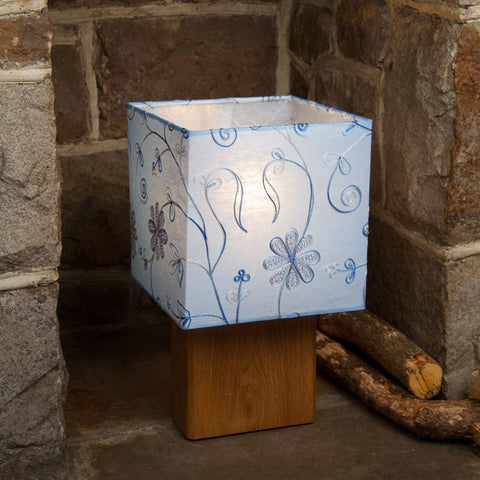 Table Lamp - Square Sepele Base - Embroidered paper with Blue leaves design