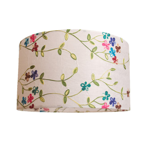 Cylindrical Lamp Shade - Embroidered Coloured Flowers on White Silk - Large