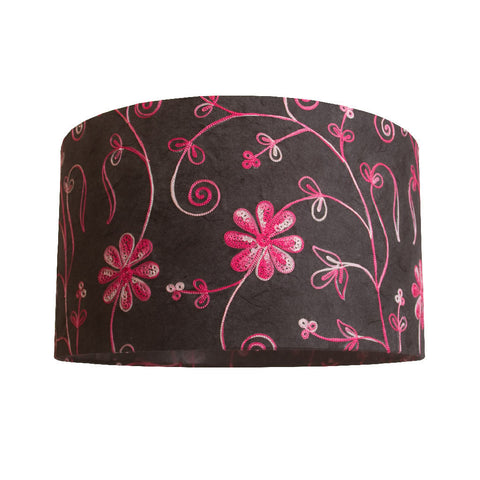 Cylindrical Lamp Shade - Embroidered Pink Flowers on Black Base - Large