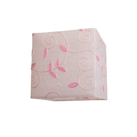 Square Lamp Shade - Embroidered Pink Leaves Shade on White Base