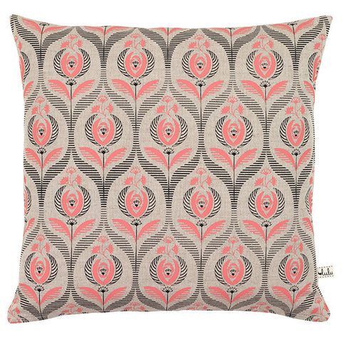 Art Deco Rose Print Cushion in Coral