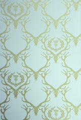 Deer Damask Wallpaper, Duck Egg Blue & Antique Gold