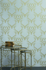Deer Damask Wallpaper, Duck Egg Blue & Antique Gold