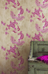 Paisley Wallpaper, Hot Pink on Tea Stain