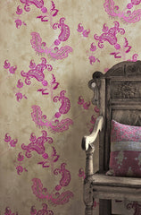 Paisley Wallpaper, Hot Pink on Tea Stain