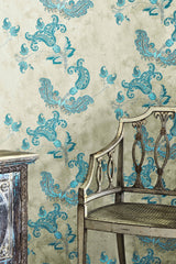Paisley Wallpaper, Turquoise on Old Grey