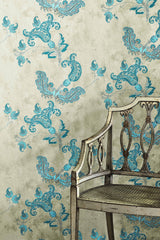 Paisley Wallpaper, Turquoise on Old Grey