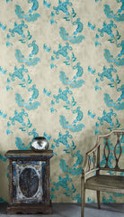 Paisley Wallpaper, Turquoise on Old Grey
