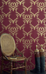 Deer Damask Wallpaper, Claret & Gold