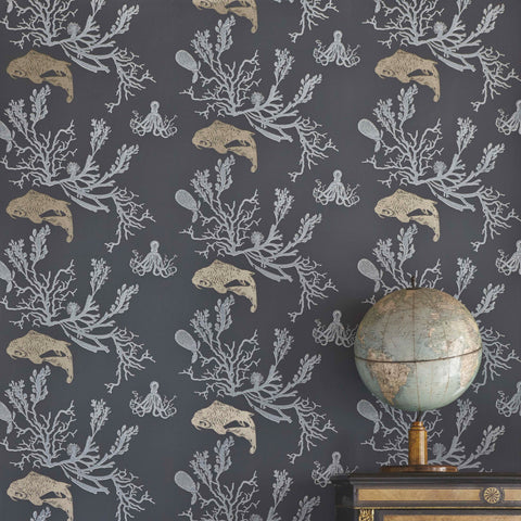 Coral Wallpaper, Charcoal/Gold