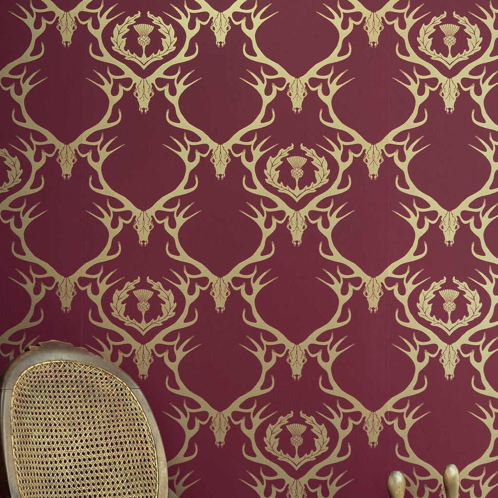 Deer Damask Wallpaper, Claret & Gold