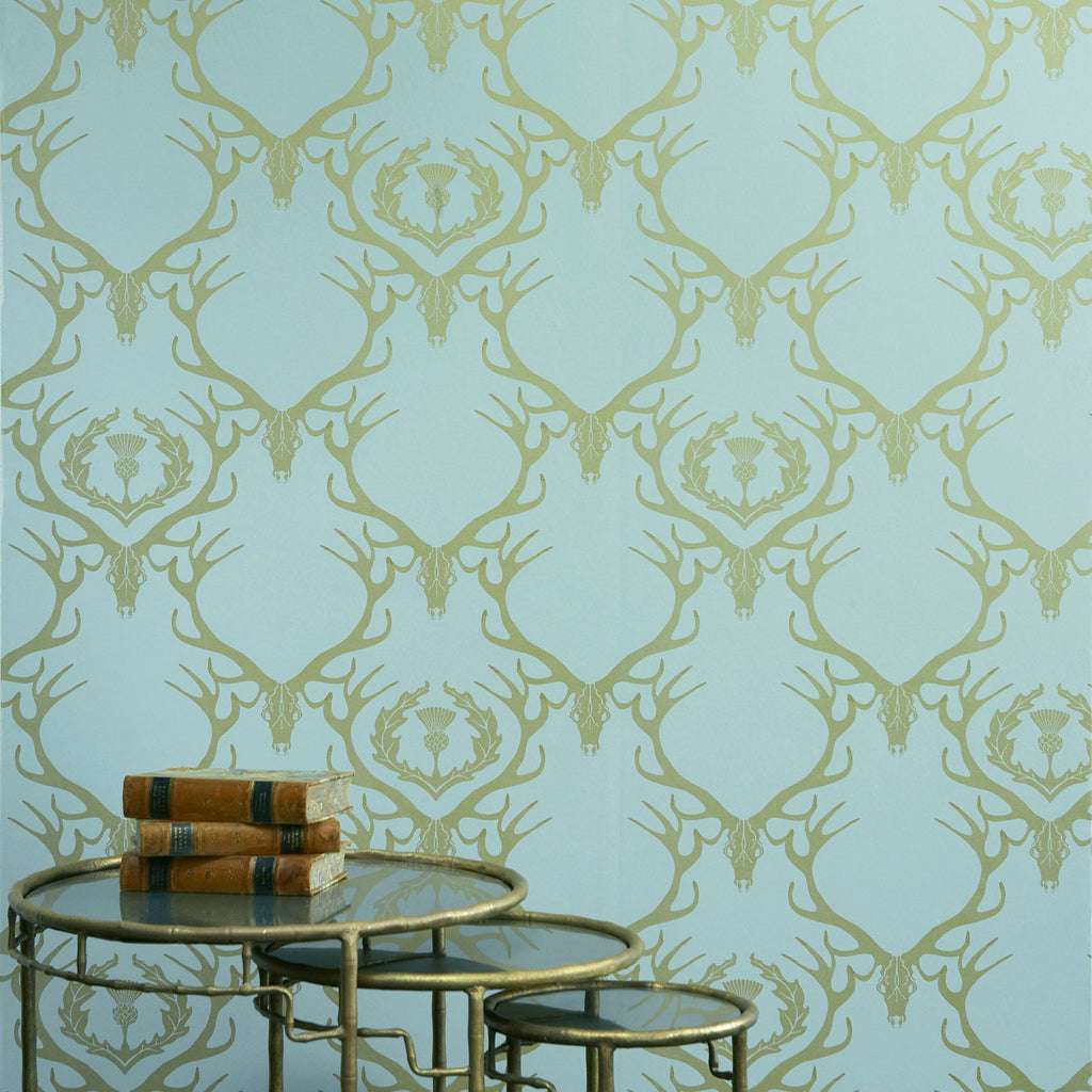 Deer Damask Wallpaper, Duck Egg Blue & Antique Gold