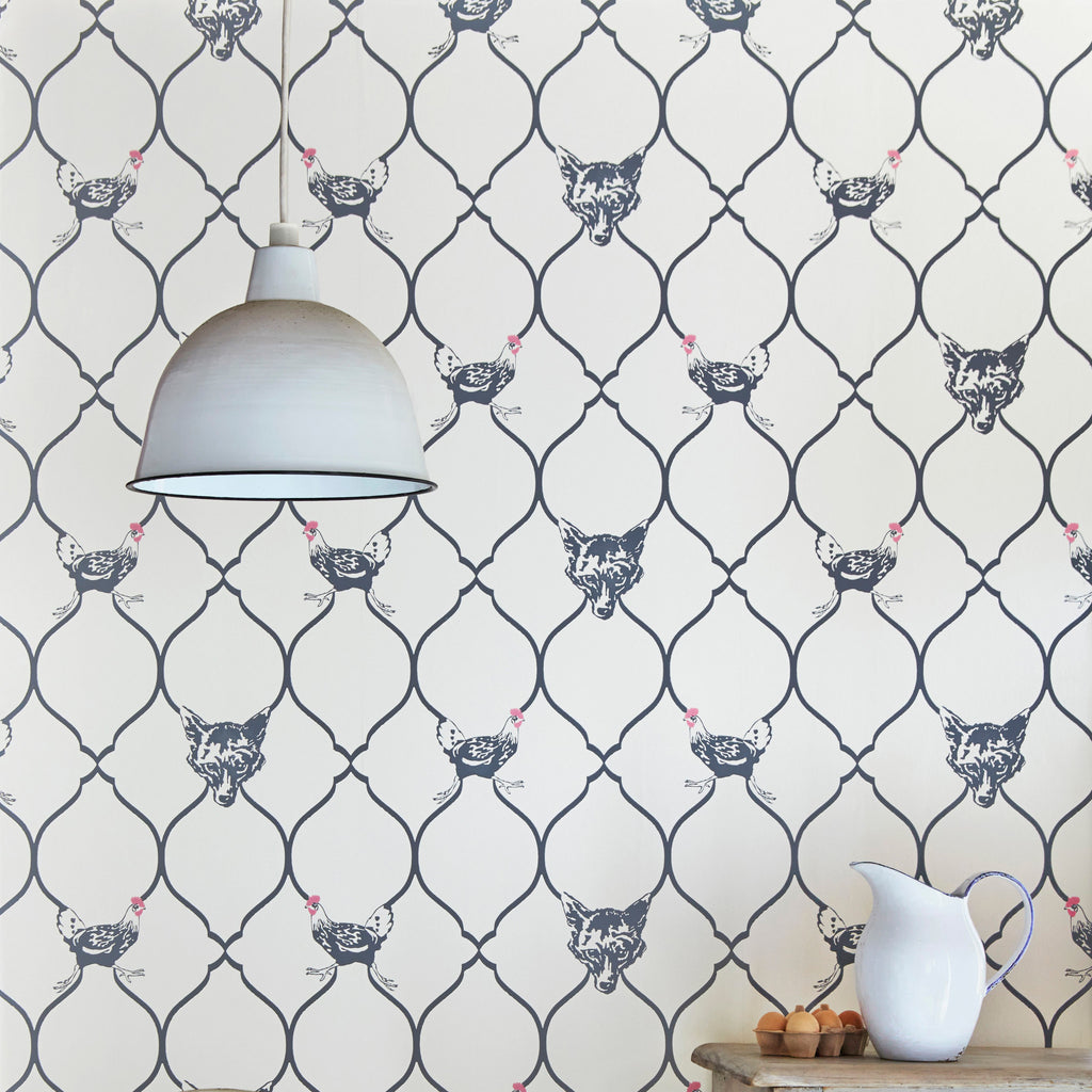 Fox & Hen Wallpaper, Charcoal on Parchment