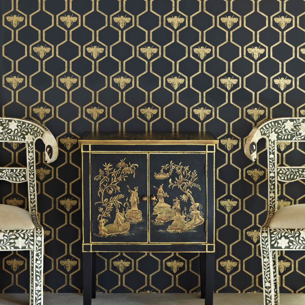 Honey Bees Wallpaper, Gold on Charcoal