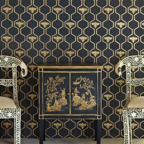 Honey Bees Wallpaper, Gold on Charcoal