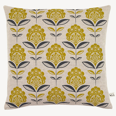Peacock Flower Cushion In Mustard and Grey