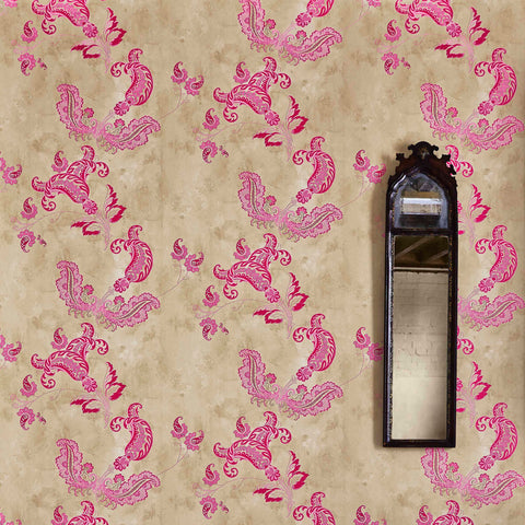 Paisley Wallpaper, Hot Pink on Tea Stain