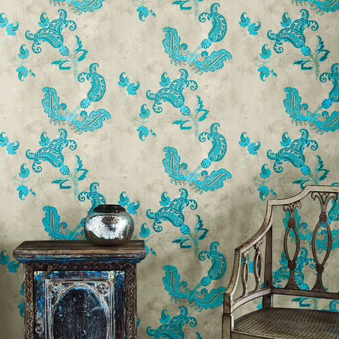 Paisley Wallpaper, Turquoise on Old Grey