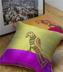 Raw Silk Hand Embellished Parrot Cushion