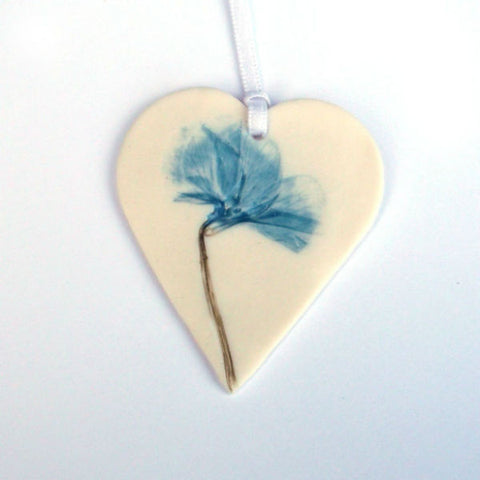 Handmade Porcelain Hanging Heart with Blue Flower