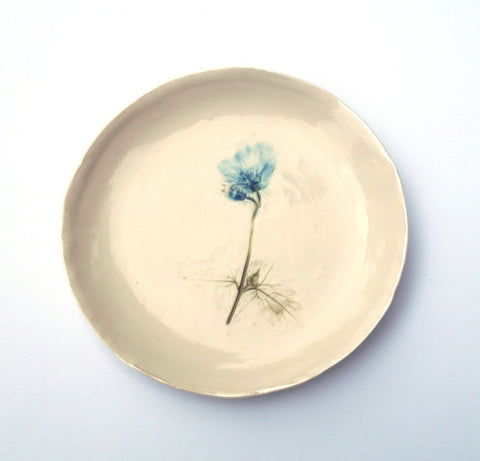 Handmade Porcelain Decorative Plate with Blue Flower