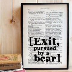 William Shakespeare Quote Book Art  "[Exit, pursued by a bear]"