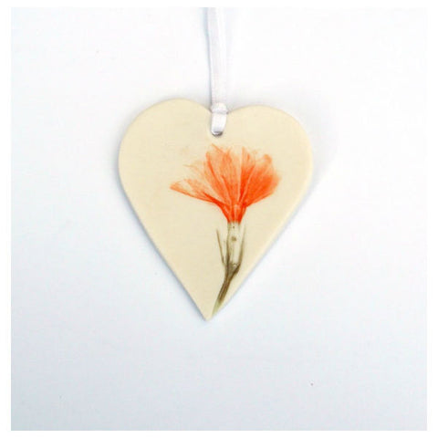 Handmade Porcelain Hanging Heart with Orange Flower