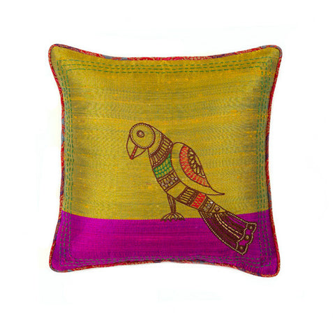 Raw Silk Hand Embellished Parrot Cushion