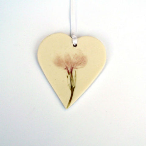 Handmade Porcelain Hanging Heart with Purple Flower