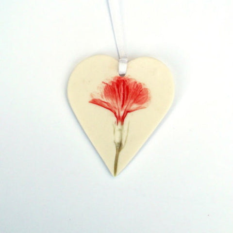 Handmade Porcelain Hanging Heart with Red Flower